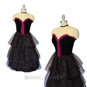 Gunne Sax Vintage 80s Velvet Ruffle Midi Prom Dress Size S Black Purple Sparkle